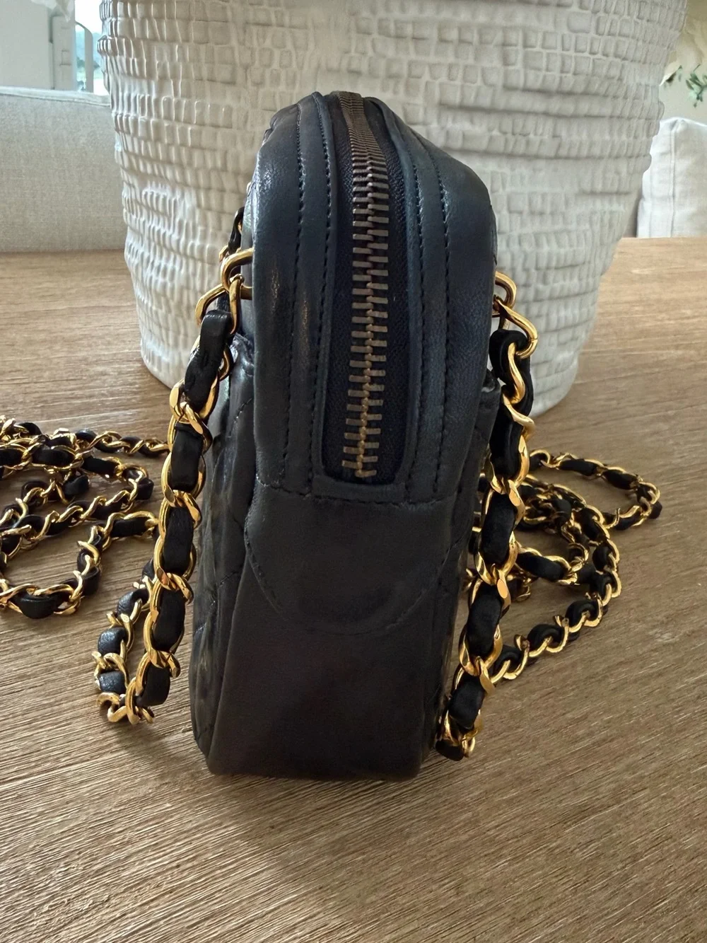 CHANEL Black Quilted Lambskin Crossbody with Gold Chain